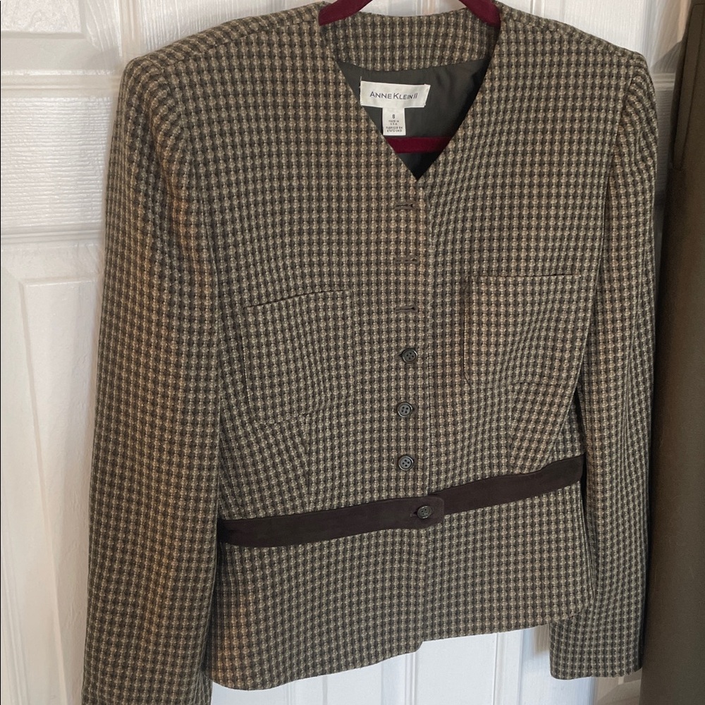 ANNE KLEIN TWEED V-NECK SEMI CROPPED BLAZER JACKET SUIT PAIRED WOOL PANTS SZ 8 - Picture 3 of 12